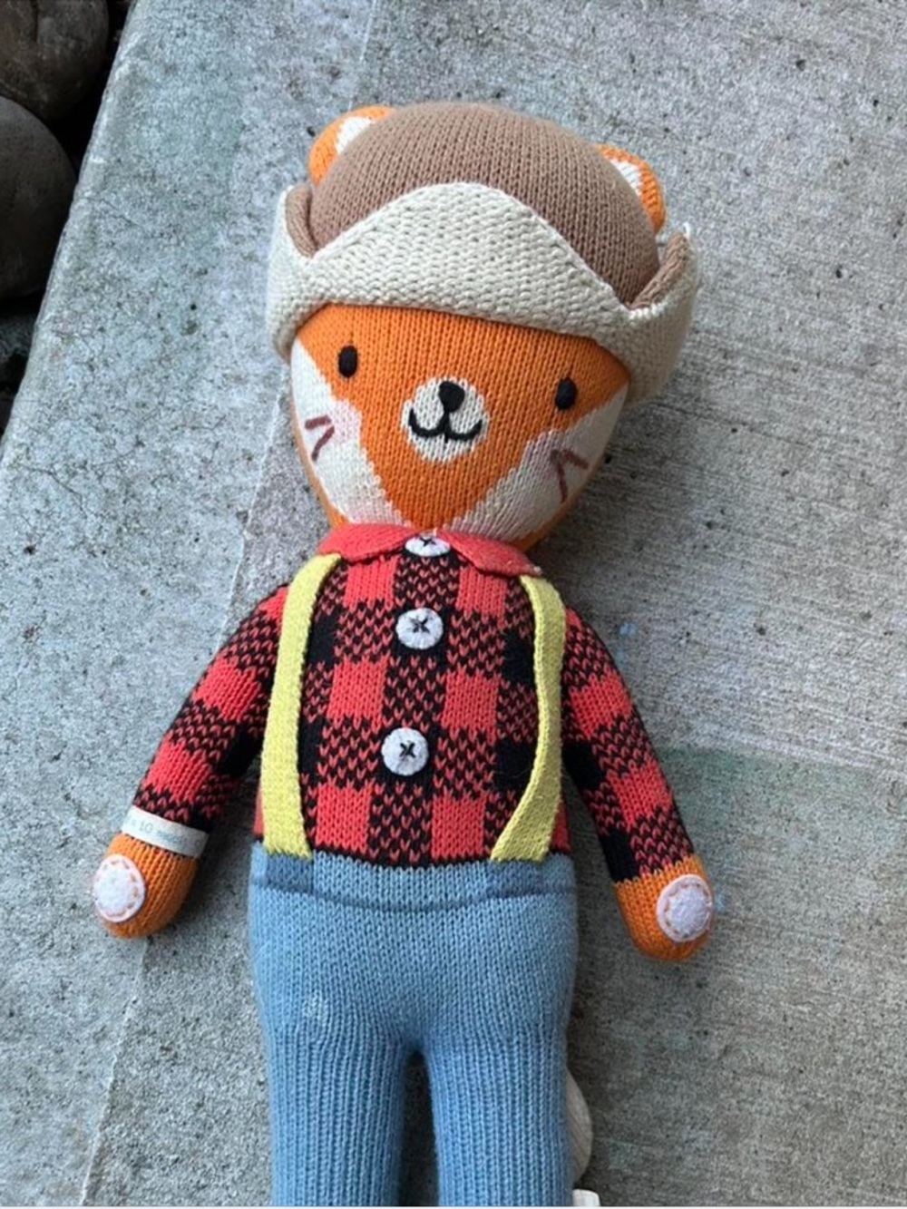 Hand-Knit Orange Fox Plush with Red Plaid Shirt and Blue Pants